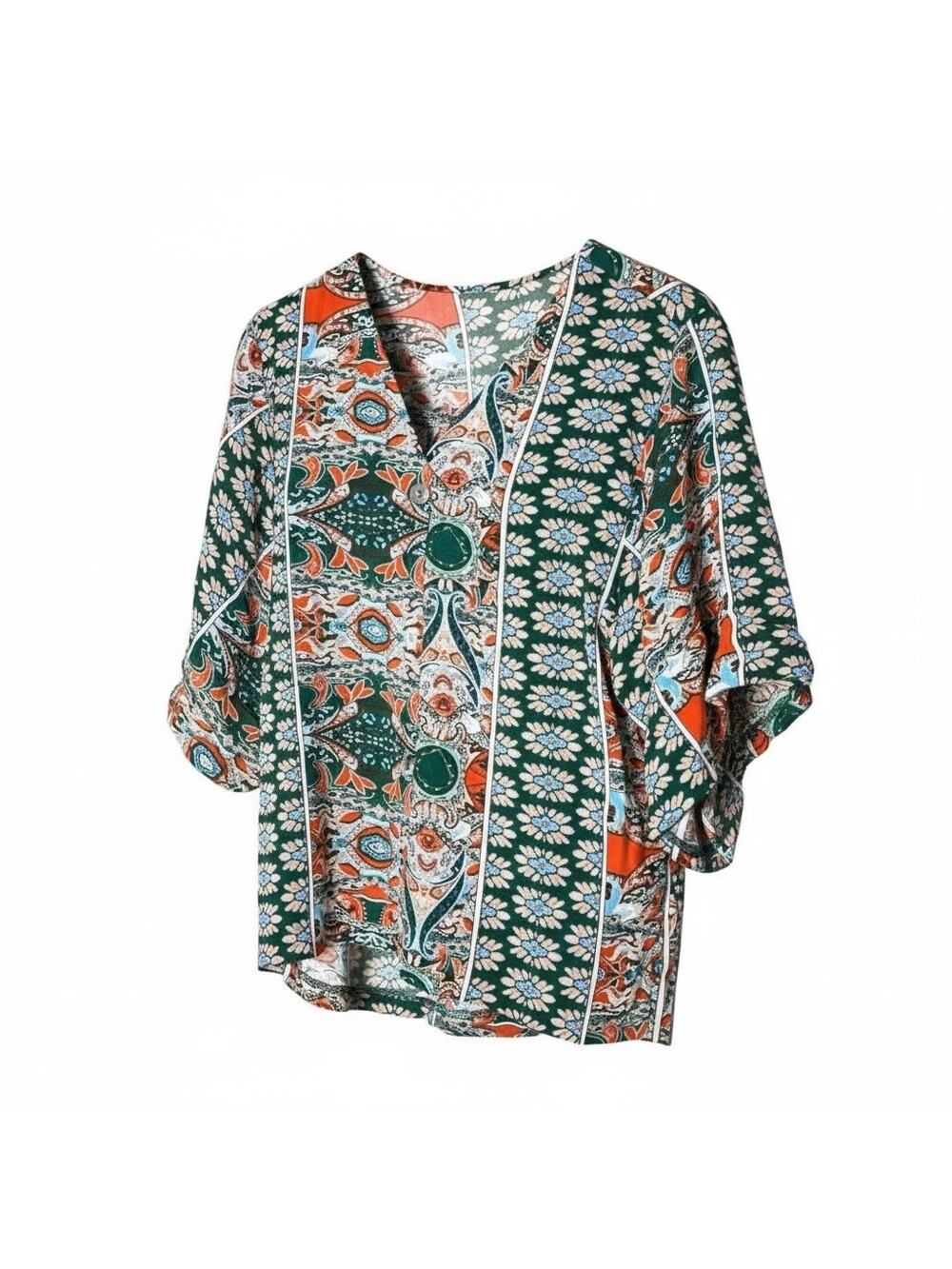 SHEIN green and orange button-down V-neck blouse top shirt size large L B160